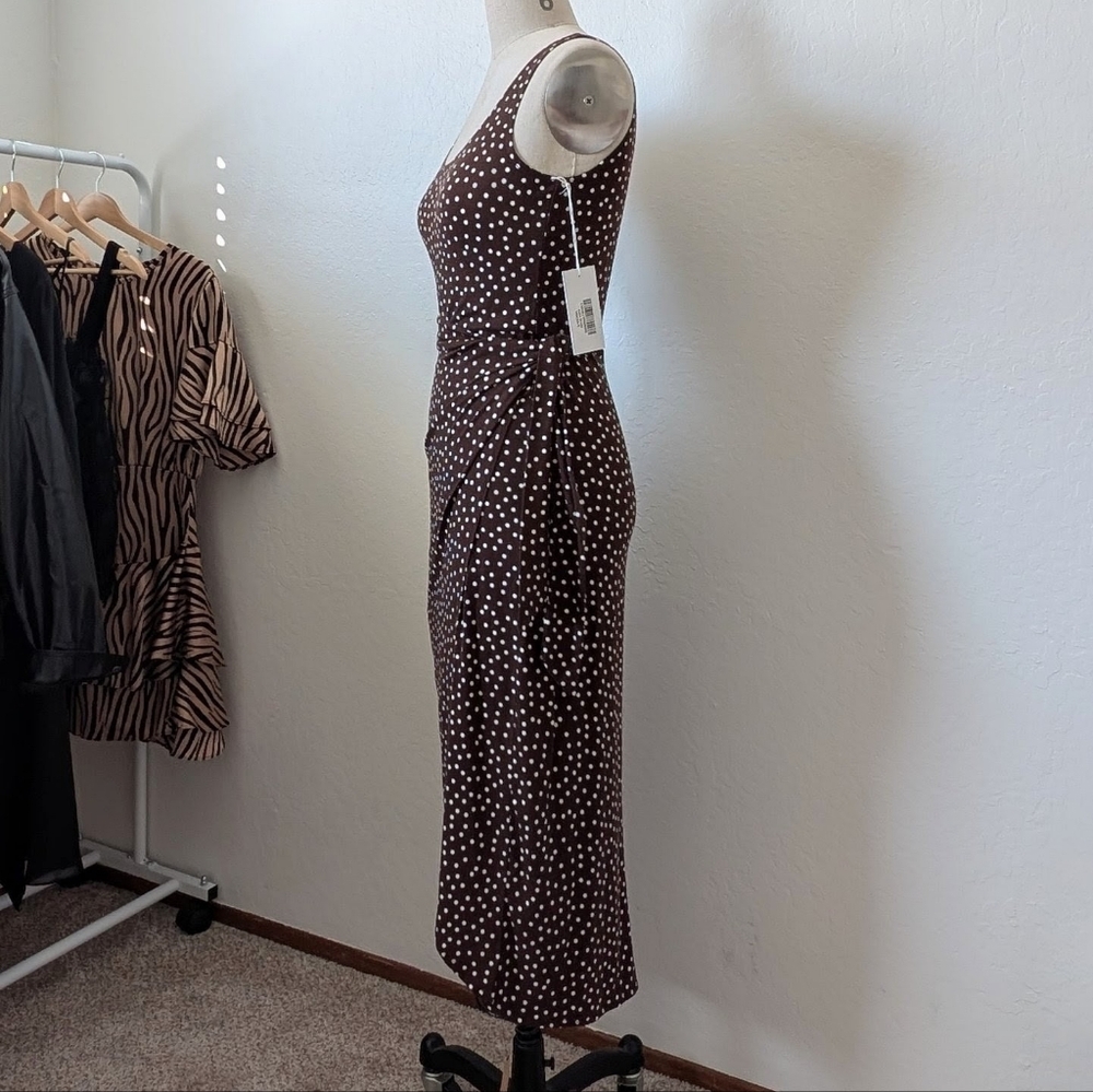 NWT Reformation Kaila Knit Wrap Midi Dress in Mocha with Polka Dots Size Small - Picture 5 of 10